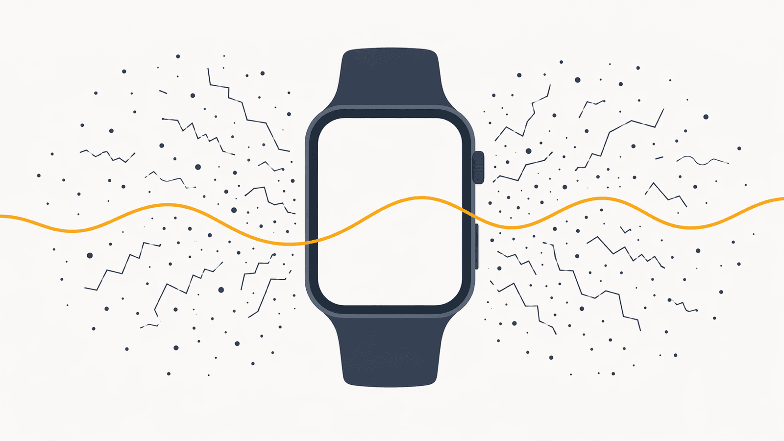 Un smartwatch rodeado de fragmentos abstractos de ruido y una línea ámbar limpia atravesando el caos — la metáfora de ruido frente a señal en la HRV