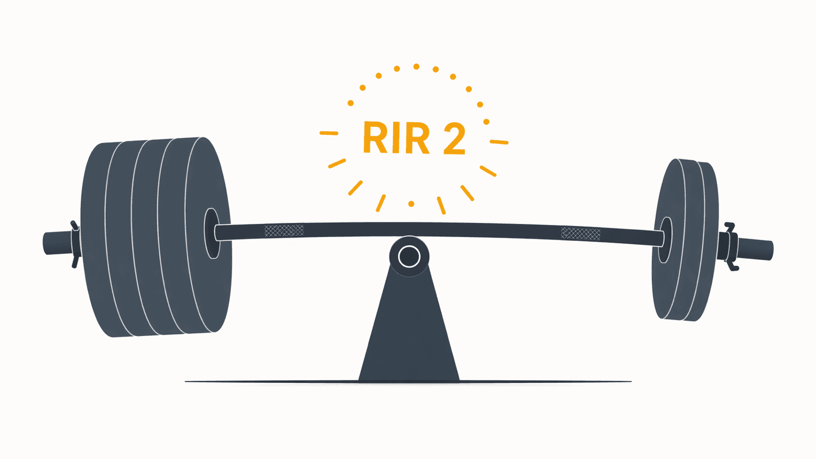 Una barra cargada equilibrándose sobre un pivote como si fuera una balanza, con un marcador ámbar "RIR 2" encima — el peso se adapta a lo que puedes hacer hoy, no al revés